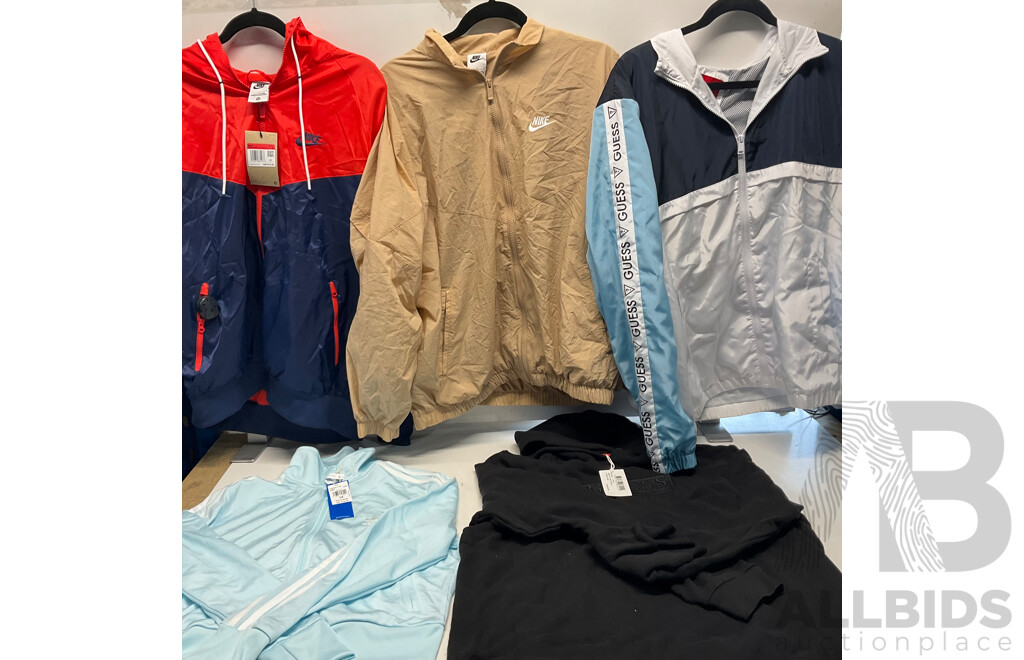 GUESS, NIKE,ADIDAS Jackets & Hoodies for Men/Women (Size L) - Lot of 5 - Estimated Total $500.00