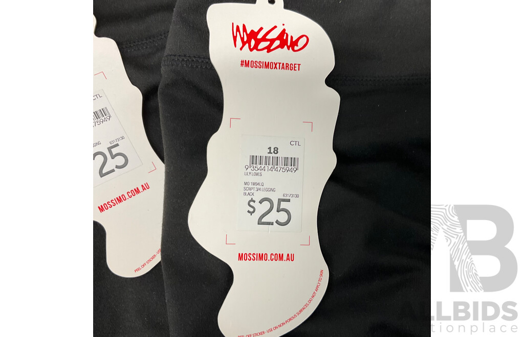 MOSSIMO X TARGET Script 3/4 Legging  (Size 14/16/18) & KSUBI Shirt & NEW ERA Hat & TARGET Black Bag - Lot of 12 - Estimated Total $400.00