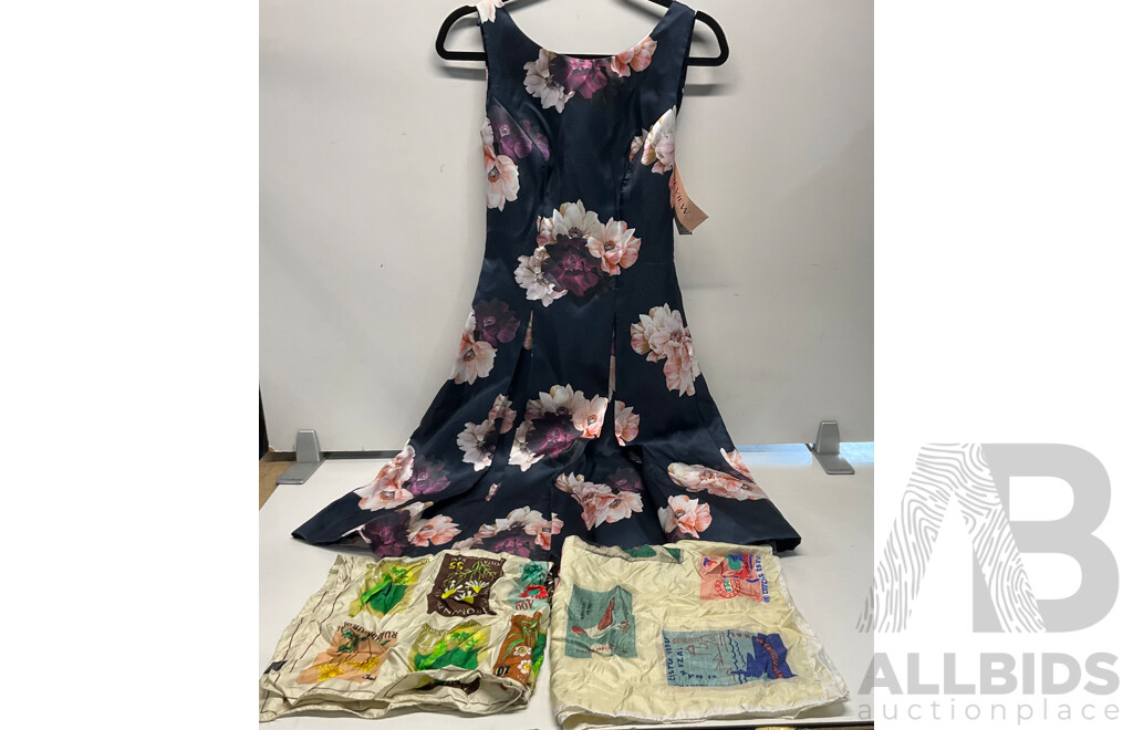REVIEW Bouquet of Dreams Dress (Size 6 ) & OROTON Silk Scarf & Unknown Brand Silk Scarf - Lot of 3 - Estimated Total ORP$500.00