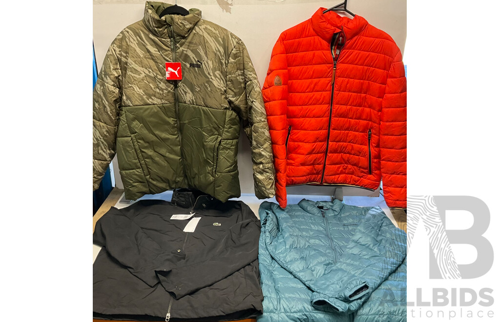 PUMA, SUPER DRY, LACOSTE, MACPAC Jackets - Lot of 4 - Estimated Total ORP$750.00