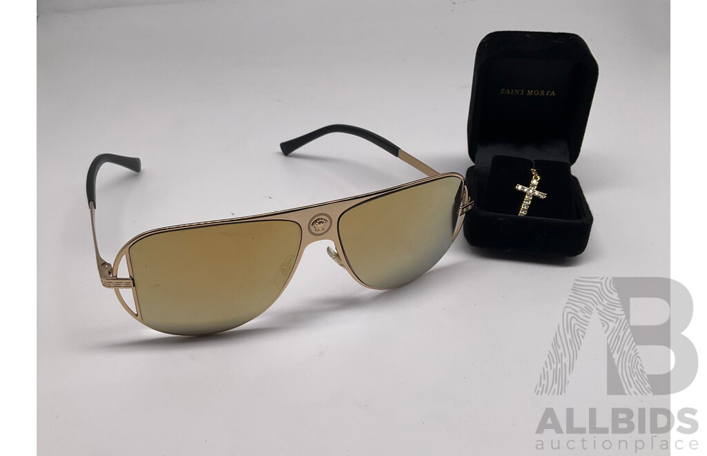 VERSACE VE2212 Gold Sunglasses and SAINT MORTA Iced Gold Cross Earring - ORP: $400