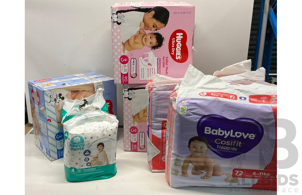 HUGGIES Size 3 Nappies for Girls X2 for Boys X1 & BABYLOVE Nappies Size 3 X2 & LITTLE ONES Nappy Pants Size 4 X2  - Lot of 7  - Estimated Total ORP$150.00