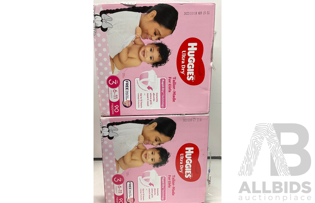 HUGGIES Size 3 Nappies for Girls X2 for Boys X1 & BABYLOVE Nappies Size 3 X2 & LITTLE ONES Nappy Pants Size 4 X2  - Lot of 7  - Estimated Total ORP$150.00