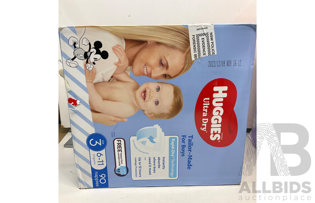 HUGGIES Size 3 Nappies for Girls X2 for Boys X1 & BABYLOVE Nappies Size 3 X2 & LITTLE ONES Nappy Pants Size 4 X2  - Lot of 7  - Estimated Total ORP$150.00