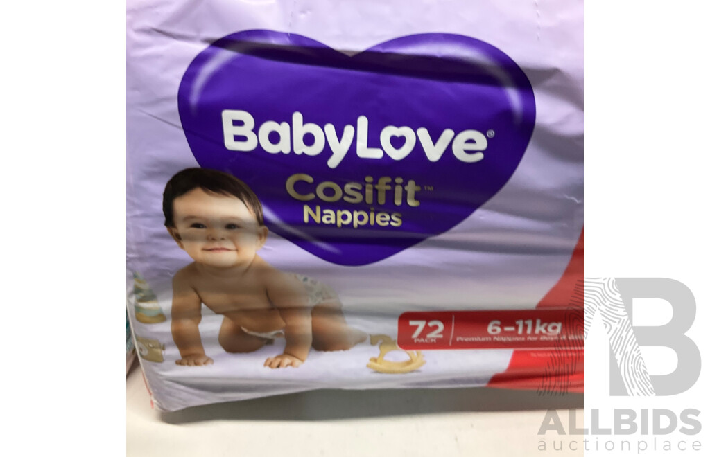HUGGIES Size 3 Nappies for Girls X2 for Boys X1 & BABYLOVE Nappies Size 3 X2 & LITTLE ONES Nappy Pants Size 4 X2  - Lot of 7  - Estimated Total ORP$150.00