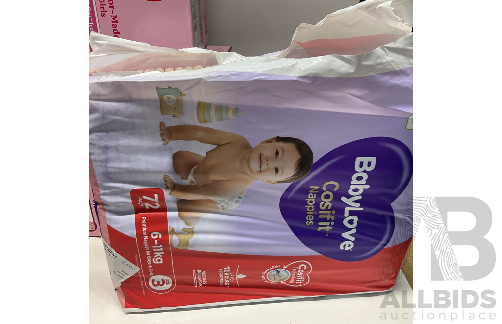 HUGGIES Size 3 Nappies for Girls X2 for Boys X1 & BABYLOVE Nappies Size 3 X2 & LITTLE ONES Nappy Pants Size 4 X2  - Lot of 7  - Estimated Total ORP$150.00