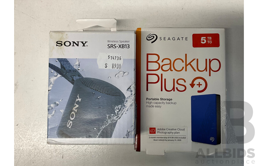 SEAGATE 5TB Backup Plus Portable Storage & SONY SRS-XB13 Wireless Speaker - Lot of 2 - Estimated Total ORP$300.00