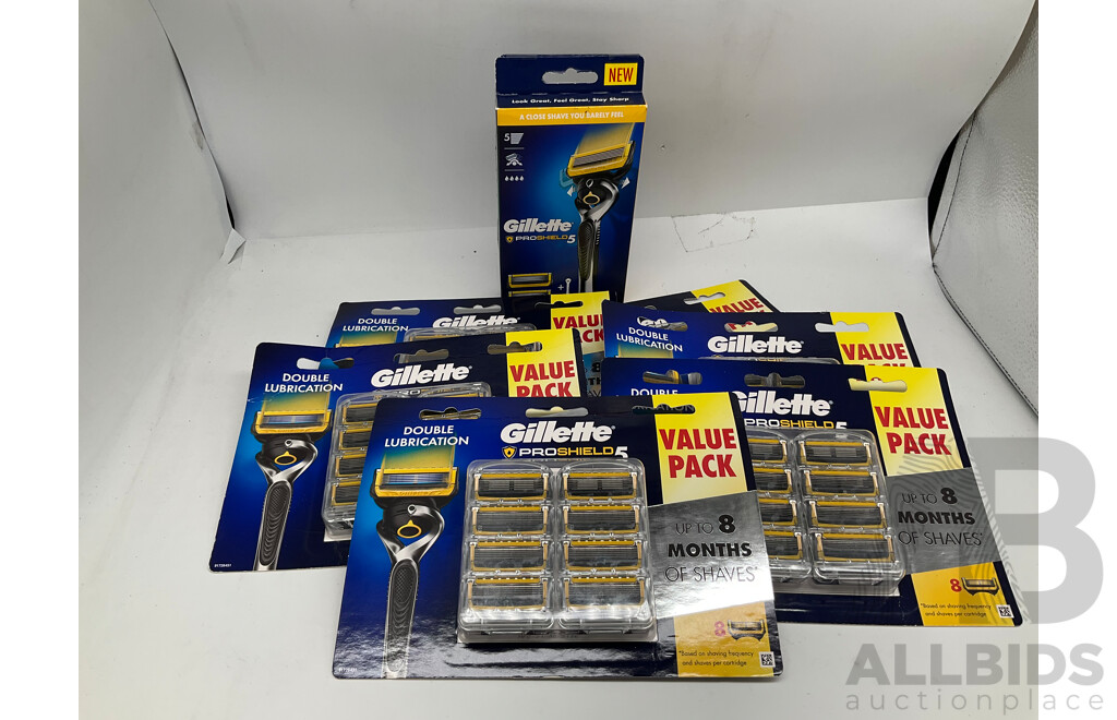 GILLETTE Fusion Pro Shield 5 Mens Razor Kit W/ Fusion Pro Shield 5 Shaving Razor Blades 8 Pack (Lot of 6) - ORP: $398.00