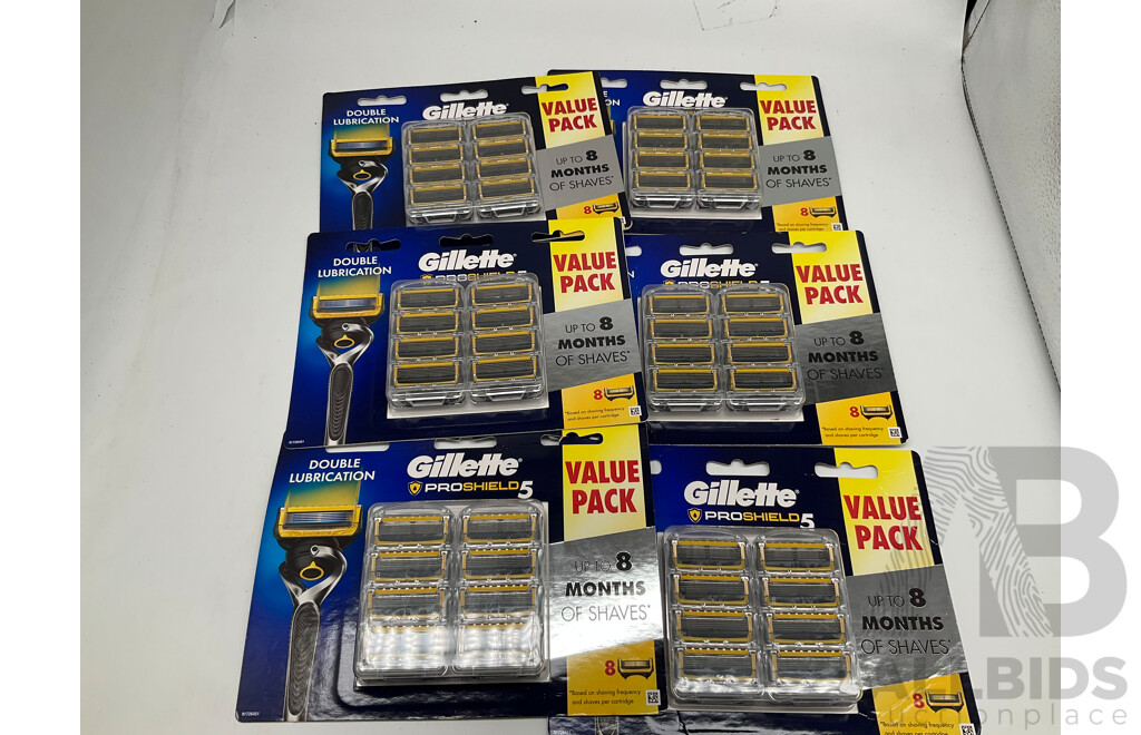 GILLETTE Fusion Pro Shield 5 Mens Razor Kit W/ Fusion Pro Shield 5 Shaving Razor Blades 8 Pack (Lot of 6) - ORP: $398.00