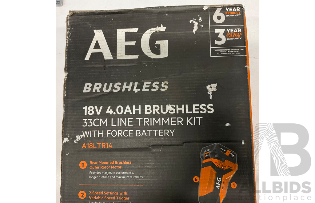 AEG 18v 4.0Ah Brushless 33cm Line Trimmer Kit with Force Battery  - ORP $399.00