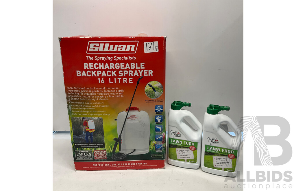 SILVAN Rechargeable Backpack Sprayer 16 L & GARDEN BASICS Lawn Food X2 - Lot of 3 - ORP $220.00