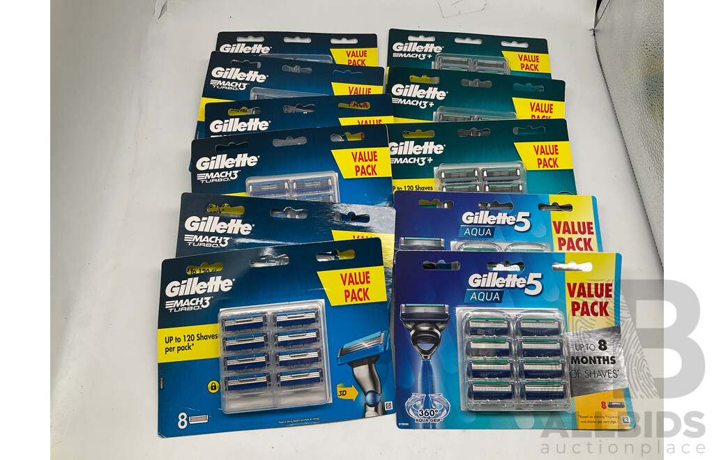 GILLETTE Match 3+,  5 Aqua and Match 3 Turbo Blades Packs of 8 - Lot of 11- ORP $379.00