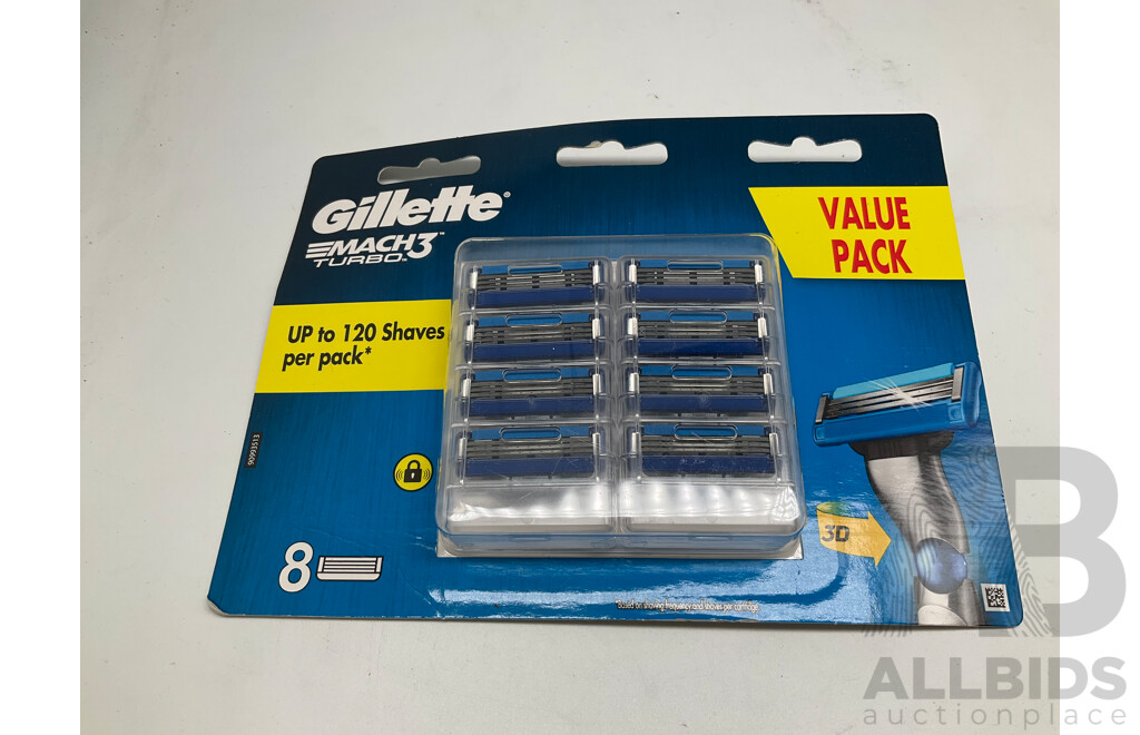 GILLETTE Match 3+,  5 Aqua and Match 3 Turbo Blades Packs of 8 - Lot of 11- ORP $379.00