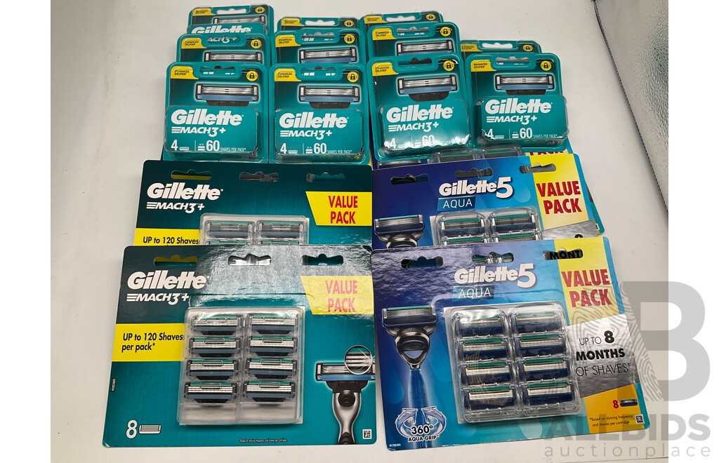GILLETTE Match 3+,  5 Aqua Blades Packs of 8 and Match3+ Packs of 4 - Lot of 15 - ORP $368.00