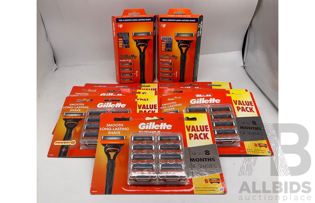 GILLETTE Fusion 5 Razor Starter Kit and GILLETTE Fusion 5 Razor Blades 8 Packs - ORP $418.00