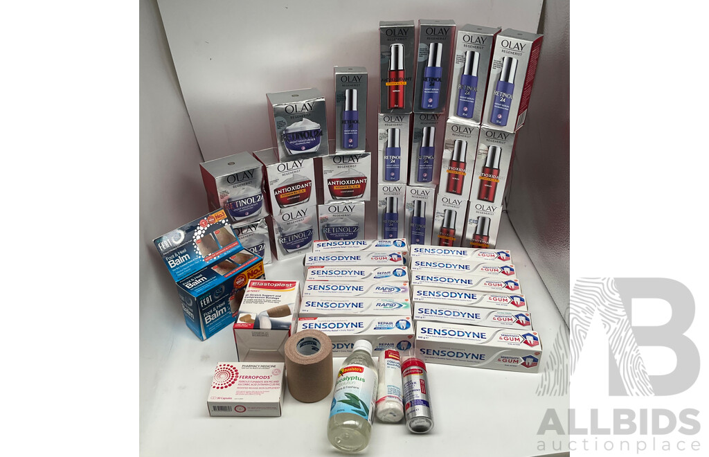 Assortment of Cosmetic Products From OLAY, SENSODYNE, ELASTOPLAST, FEAT