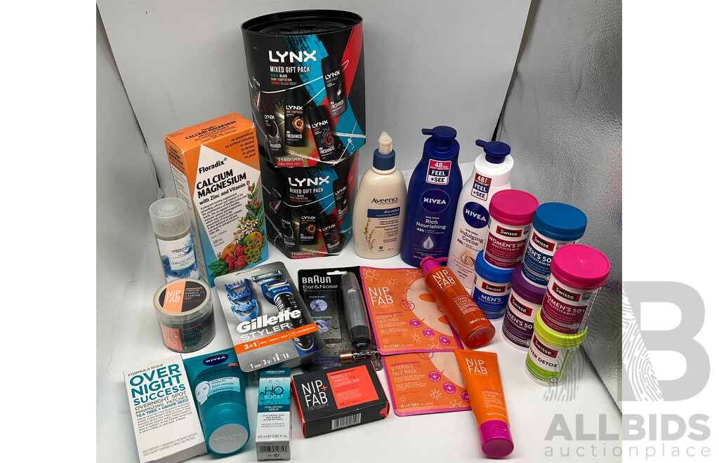 Assortment of Cosmetic Products From LYNX, NIVEA, AVEENO, NIP+FAB, GILLETTE, SWISSE