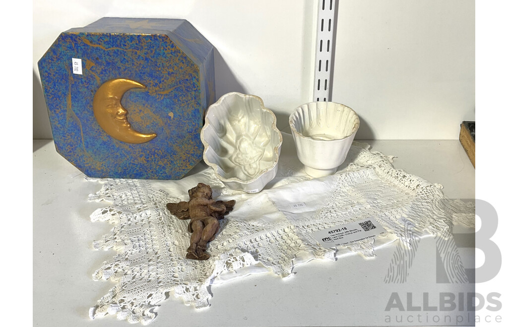 Two Antique Jelly Moulds, Lace Cloth, Cherub and Painted Box