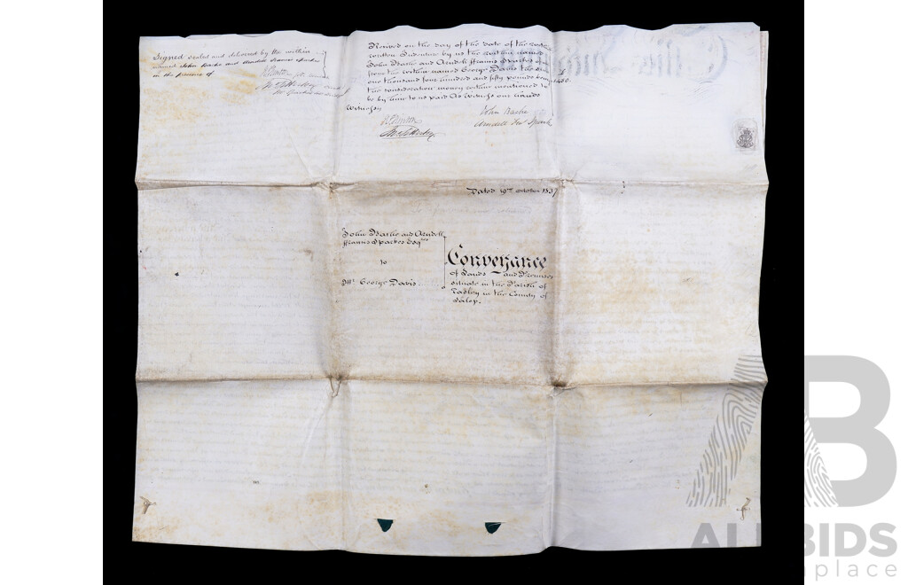 19th Century Indenture on Parchment with Wax Seals, Dated 1837