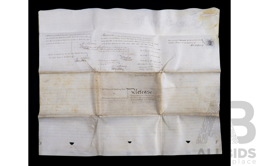 19th Century Indenture on Parchment with Wax Seals, Dated 24 June 1806