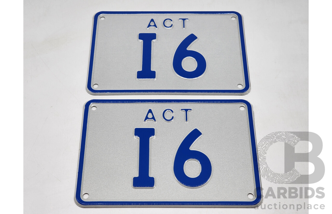 ACT Two Character Alpha Numeric Number Plate - I6 ( Letter I, Number 6)