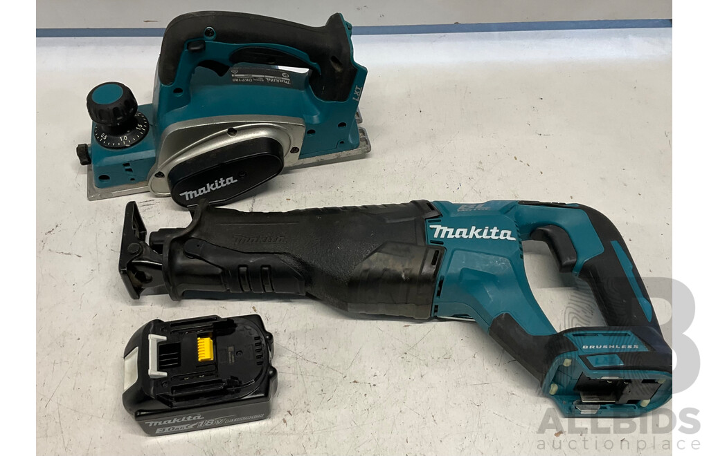 MAKITA DJR187 Mobile Brushless Recipro Saw &  DKP180 Cordless Mobile Planer & 18V 3.0Ah Battery - Lot of 3