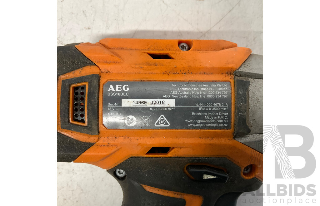 AEG BSS18BLC Brushless Impact Driver  & 2x L1820R 2.0Ah Battries & BL1218 Charger - Lot of 4