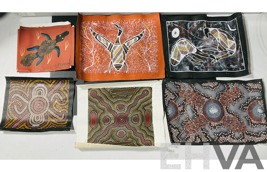 Group of Six Aboriginal Paintings on Canvas including C. Atkinson, Reggie Pengarte, Joyce Nurrangirra (6)