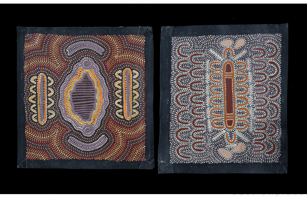 Group of Six Aboriginal Paintings on Canvas including C. Atkinson, Reggie Pengarte, Molly Yibbiyung (6)