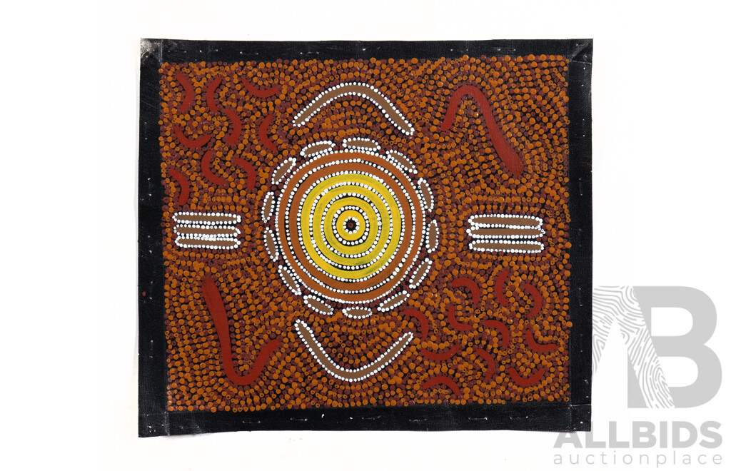 Group of Six Aboriginal Paintings on Canvas including Reggie Pengarte, Joyce Nurrangirra & Billy Huper (6)