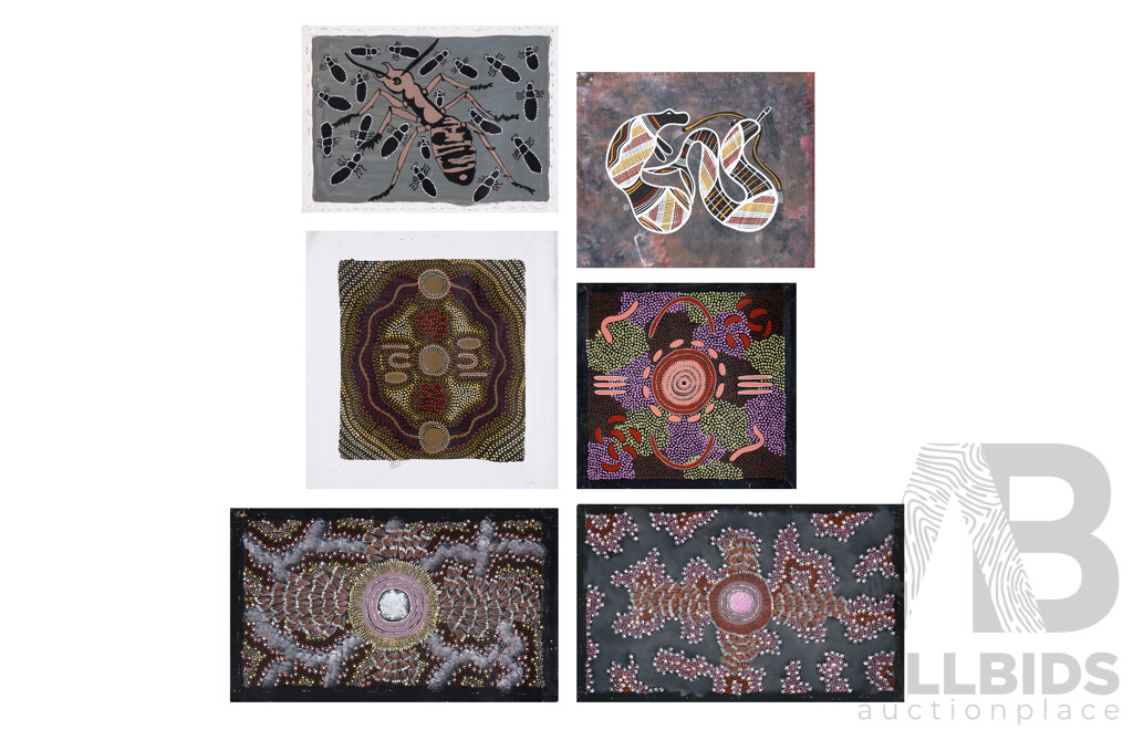 Group of Six Aboriginal Paintings on Canvas including Reggie Pengarte, Joyce Nurrangirra & Gracie Price (6)