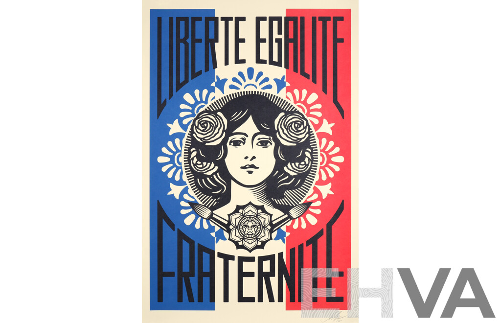 Shepard Fairey (Born 1970, American) Liberte Egalite Fraternite, Offset Lithograph, Hand Signed