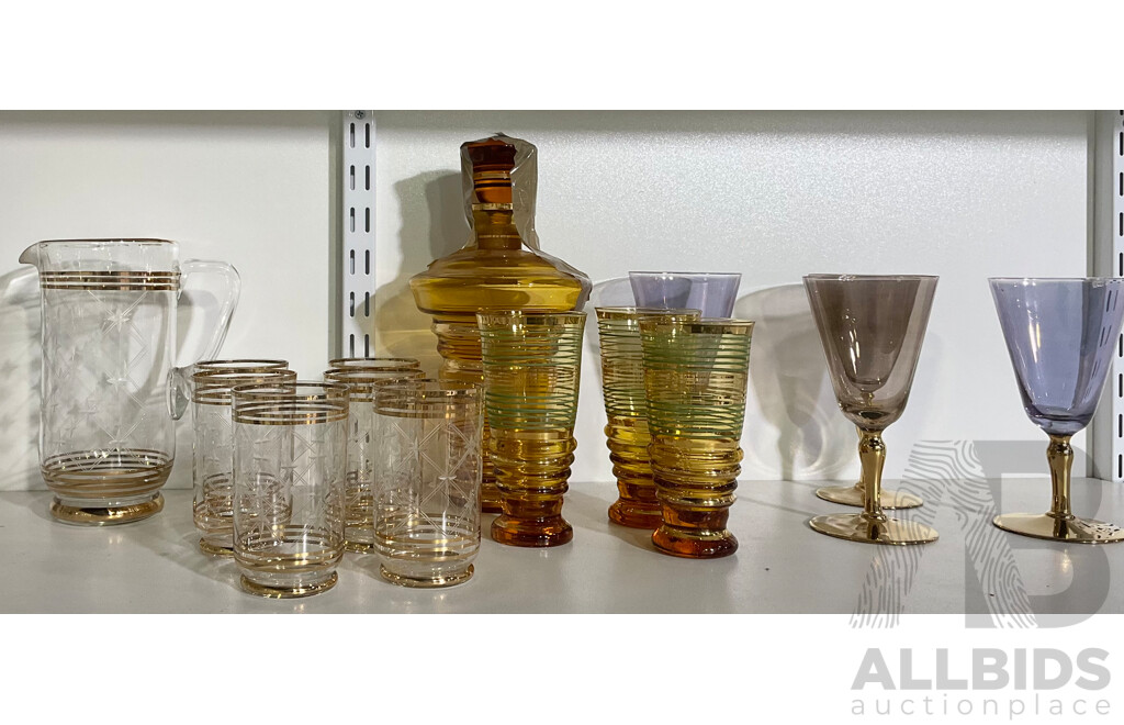 Collection of Retro Glass Decanter, Jug and Glasses in Multiple Colours