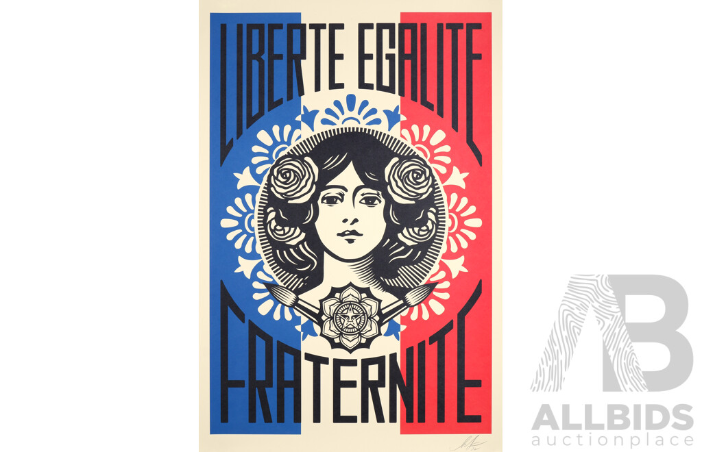 Shepard Fairey (Born 1970, American) Liberte Egalite Fraternite, Offset Lithograph, Hand Signed