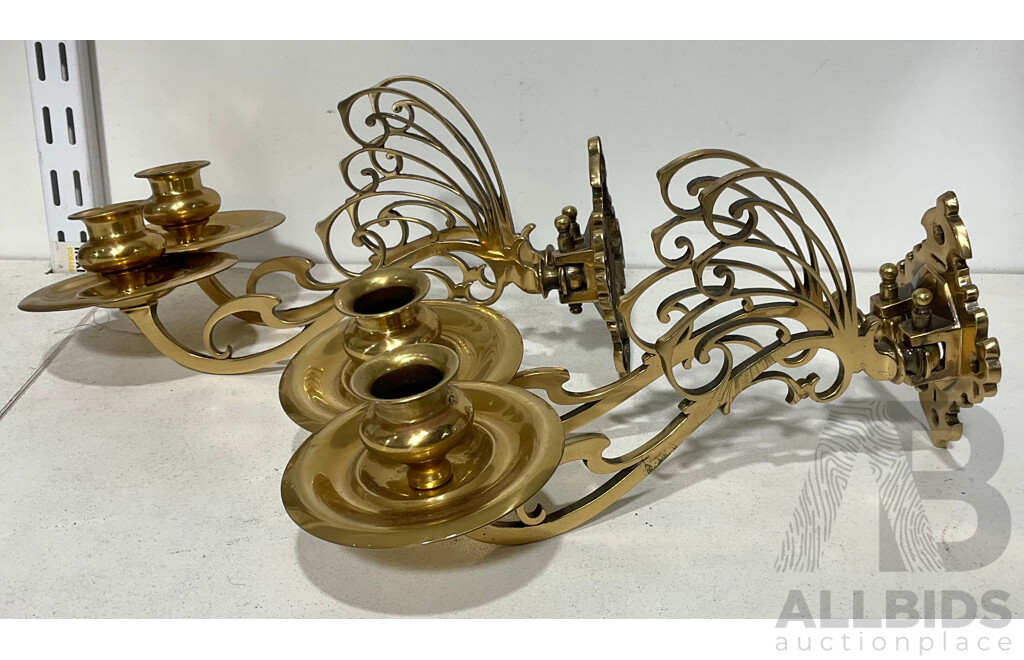 Pair of Dual Arm Brass Piano Candelabras