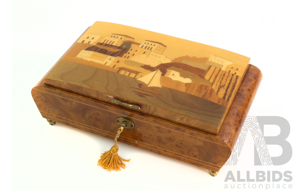 Retro Italian Inlaid Wooden Sorrento Ware Musical Jewellery Box with Lock and Key