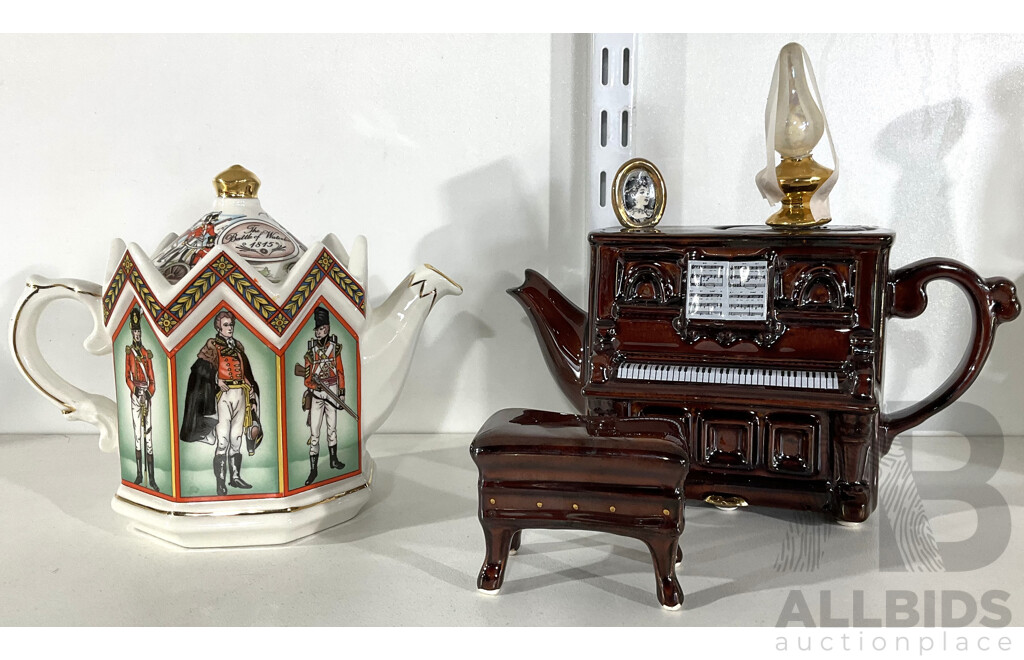 Sadler English Battle of Waterloo Teapot and Swineside Teapottery Piano Teapot