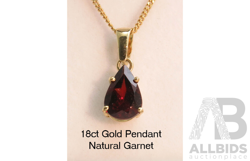 9ct Gold Pendant - Natural Garnet - Facetted Pear-cut