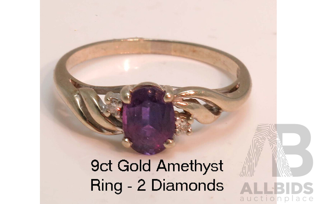 Ring: 9ct Gold: Natural Amethyst with 2 Diamonds
