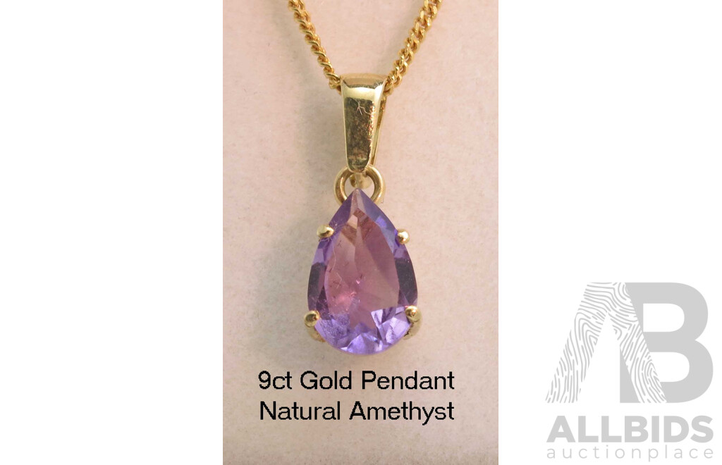 9ct Gold Pendant - Natural Amethyst - Facetted Pear-cut