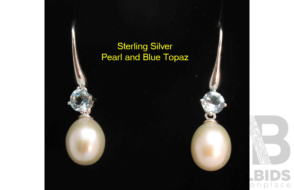Sterling Silver Drop Earrings - set with Blue Topaz and Freshwater Pearls