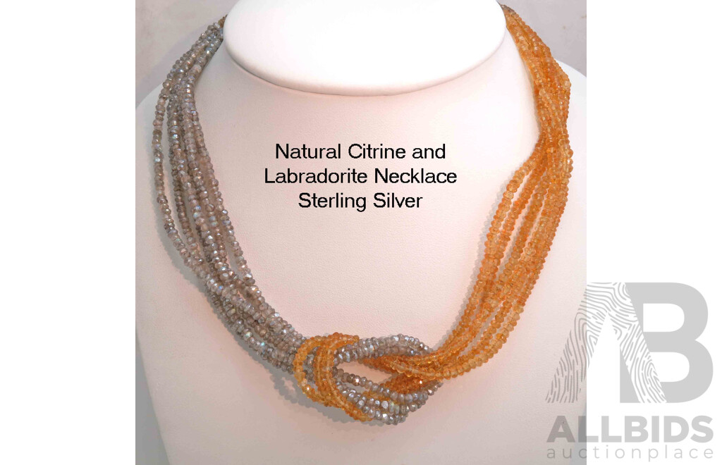 Unusual Necklace of Natural Citrine and Labradorite Facetted Beads