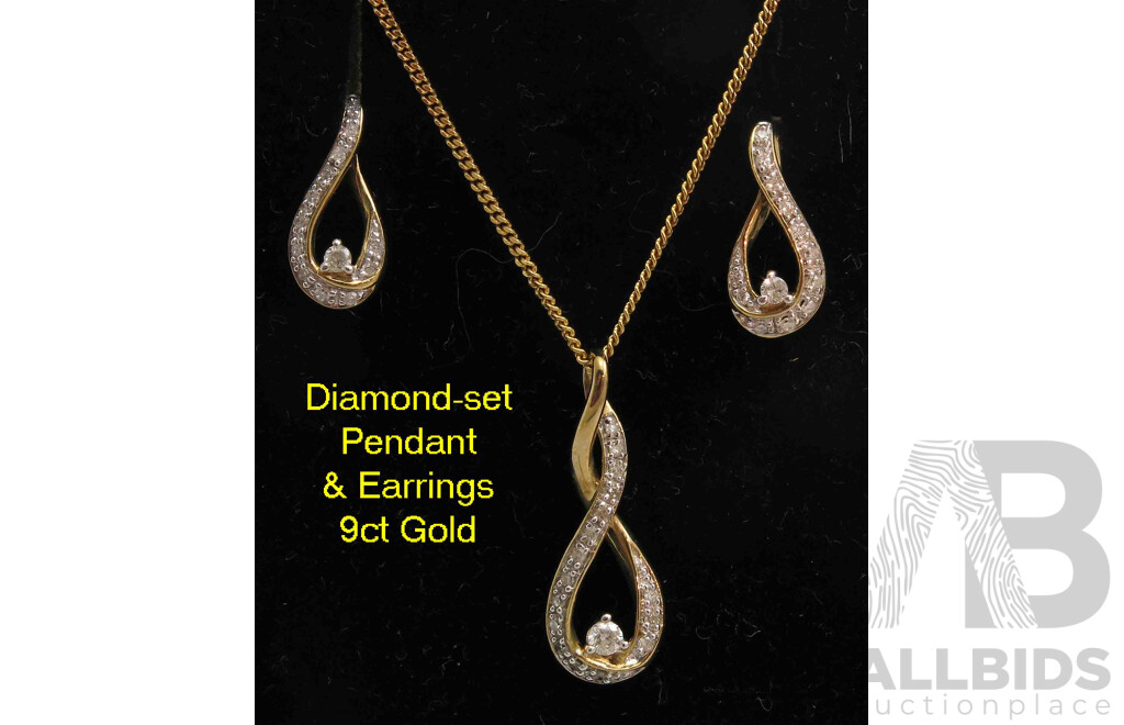 9ct Gold Diamond-set Pendant and Earrings