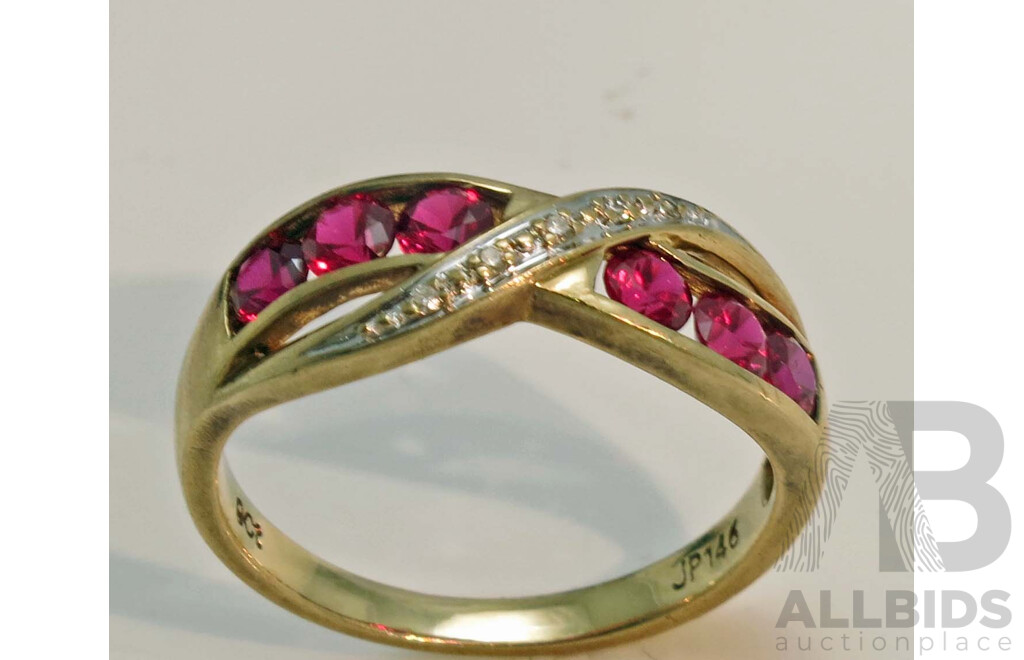 9ct Gold Ruby & Diamond cross-over style ring