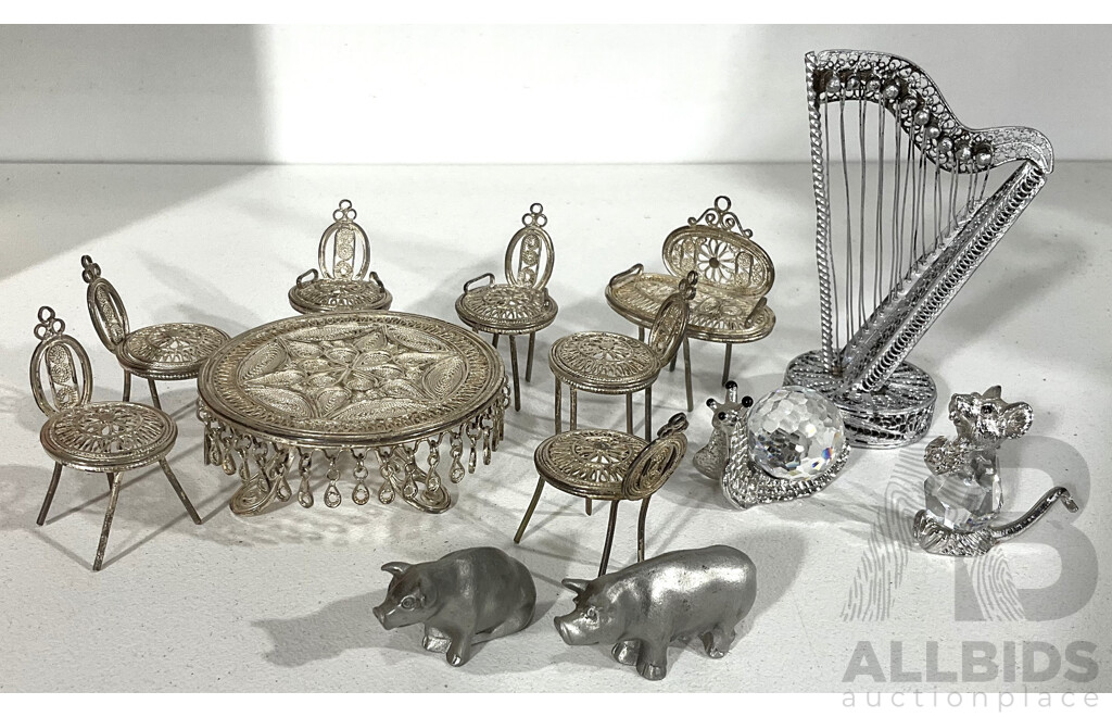 Collection of Filagree Dolls Furniture, Two Royal Selangor Pigs, and Two Cyrstal Animals