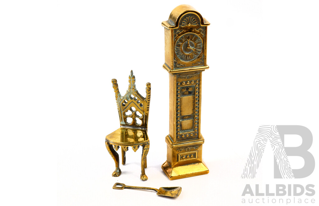 Vintage Brass Minature Grandfather Clock, Gothis Throne Chair and Shovel