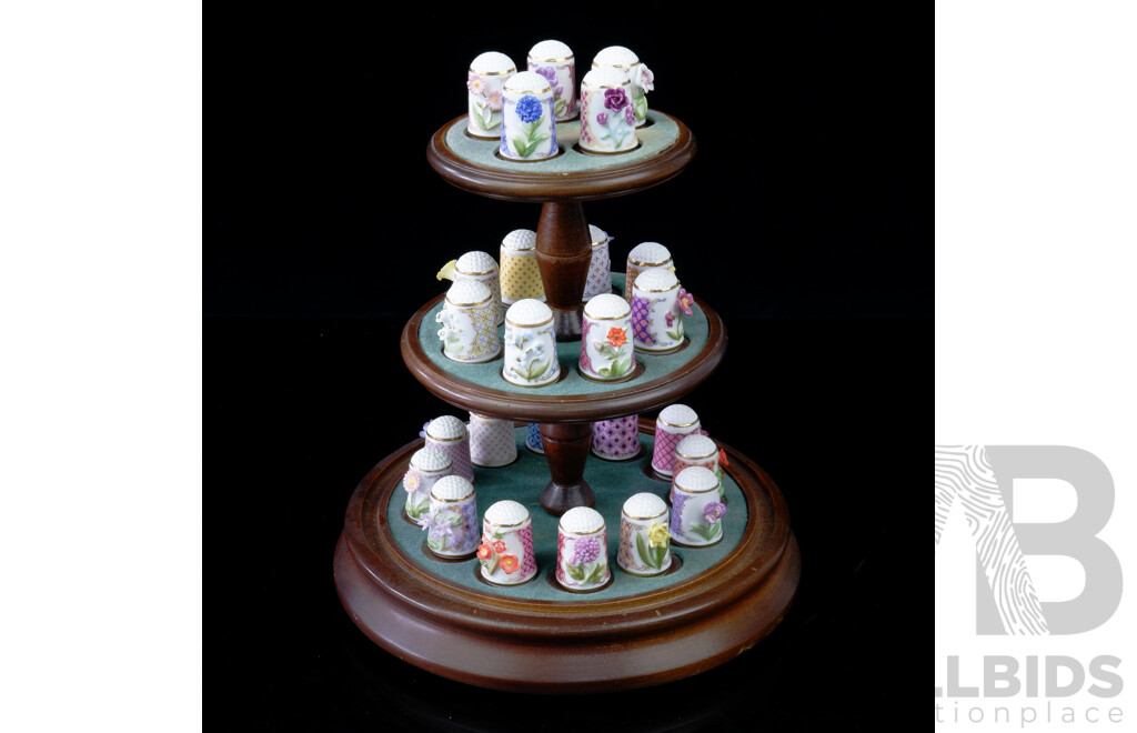Franklin Mint Flower Thimble Collection with Three Tiered Timber Stand