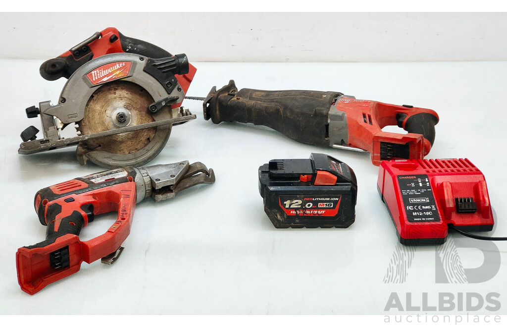 MILWAUKEE Power Tools, Battery and Charger - Lot of 3