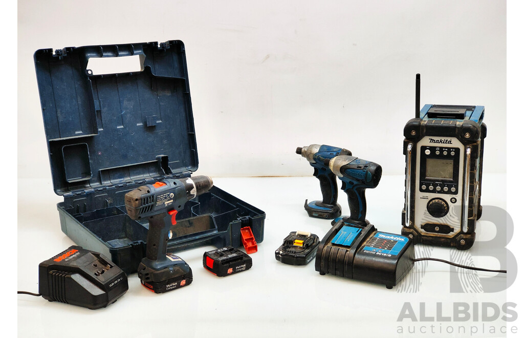 MAKITA Set of Cordless Drills and Radio with Bosh Drill and Battery