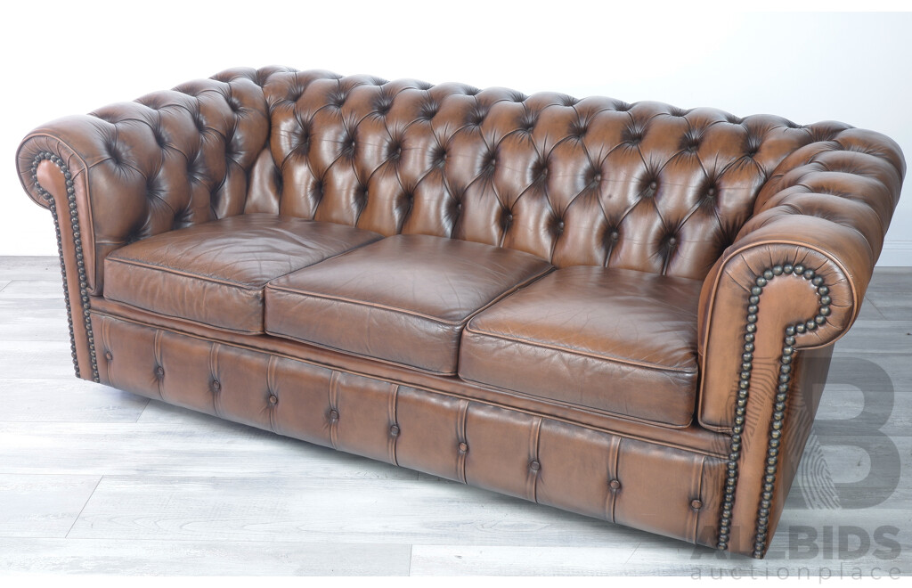 Moran Brown Leather Chesterfield Three Seater Lounge